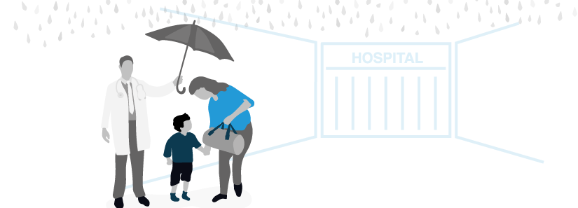 Doctor holding an umbrella for patients in the rain